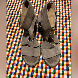 Rag & Bone suede heeled sandals with a back zipper and buckle